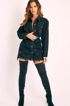 Rebellious Fashion Black Washed Distressed Denim Shirt Dress - Chloey