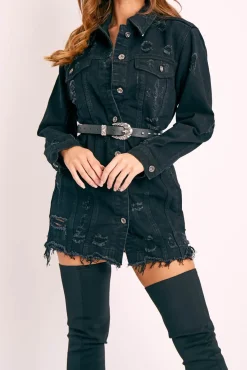 Rebellious Fashion Black Washed Distressed Denim Shirt Dress - Chloey
