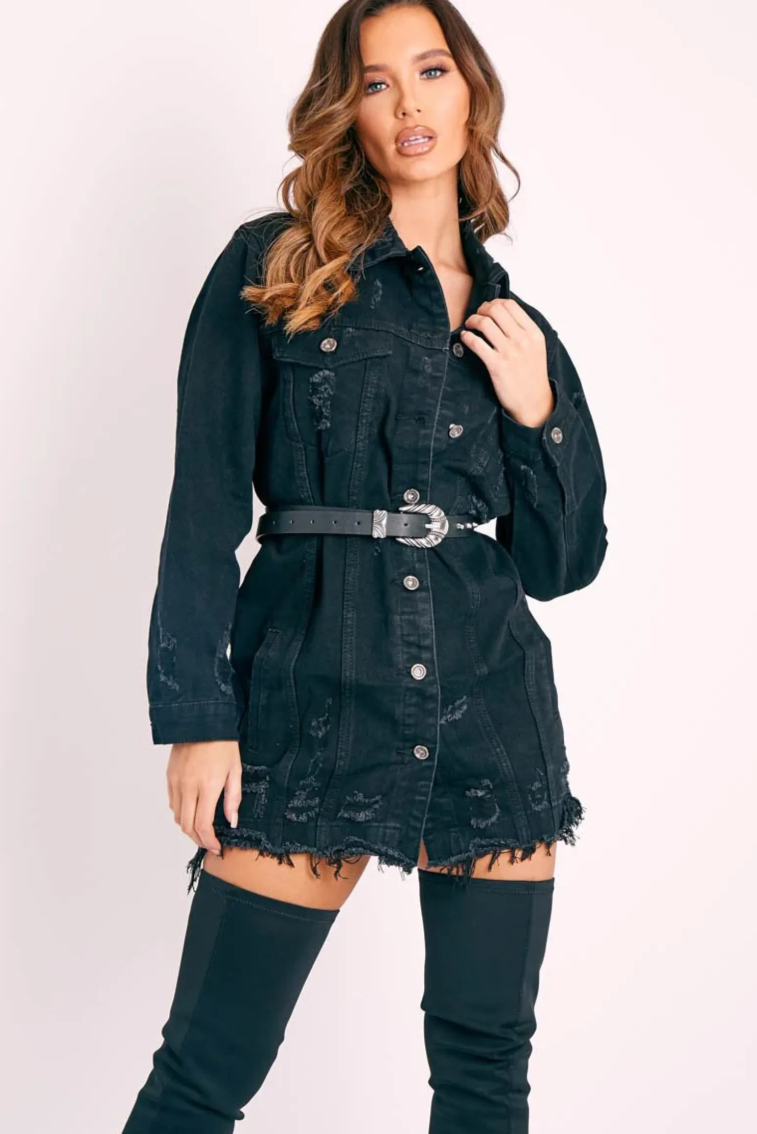 Rebellious Fashion Black Washed Distressed Denim Shirt Dress - Chloey