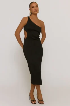 Rebellious Fashion Black Wave Textured One shoulder Midaxi Dress - Oksana