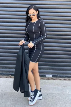 Rebellious Fashion Black White Contrast Stitch Ribbed Mini Dress - Daniah