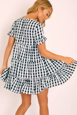 Rebellious Fashion Black White Green Check Tiered Smock Dress - Ossie