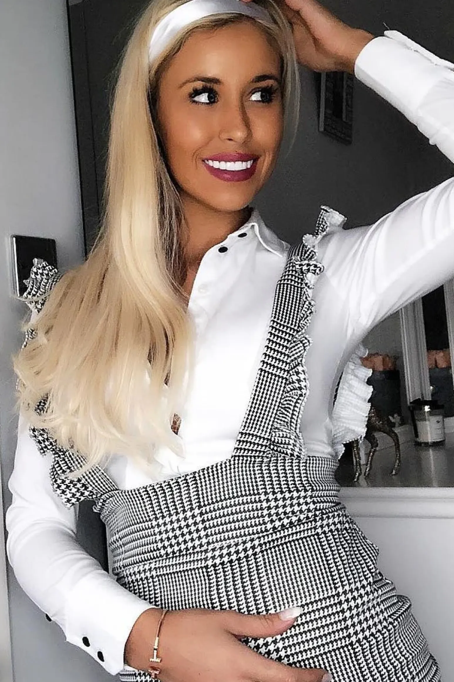 Rebellious Fashion Black White Houndstooth Crepe Ruffle Dress - Maisy