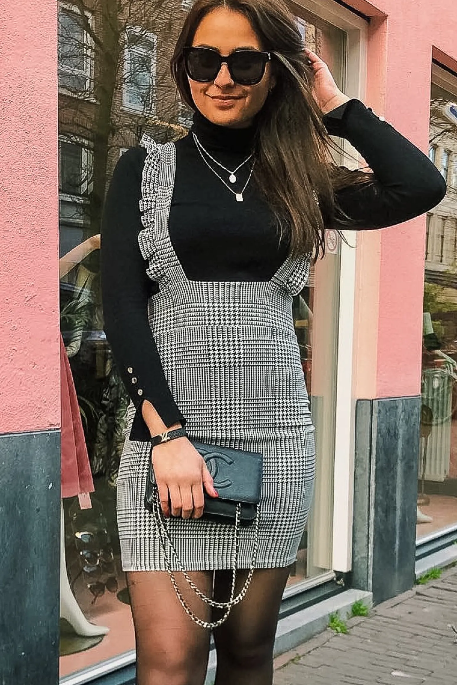 Rebellious Fashion Black White Houndstooth Crepe Ruffle Dress - Maisy