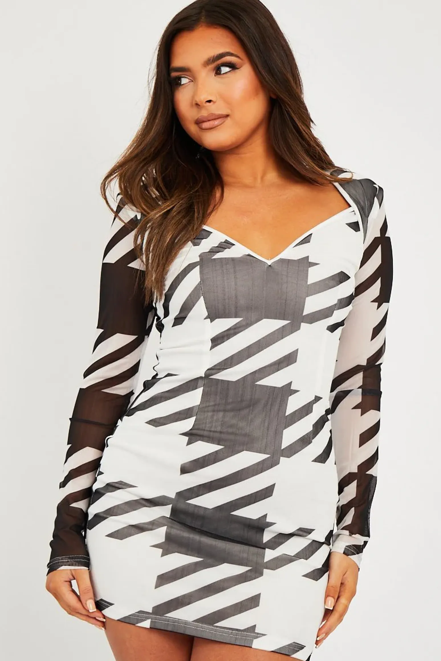 Rebellious Fashion Black White Houndstooth Mesh Bodycon Dress - Caela