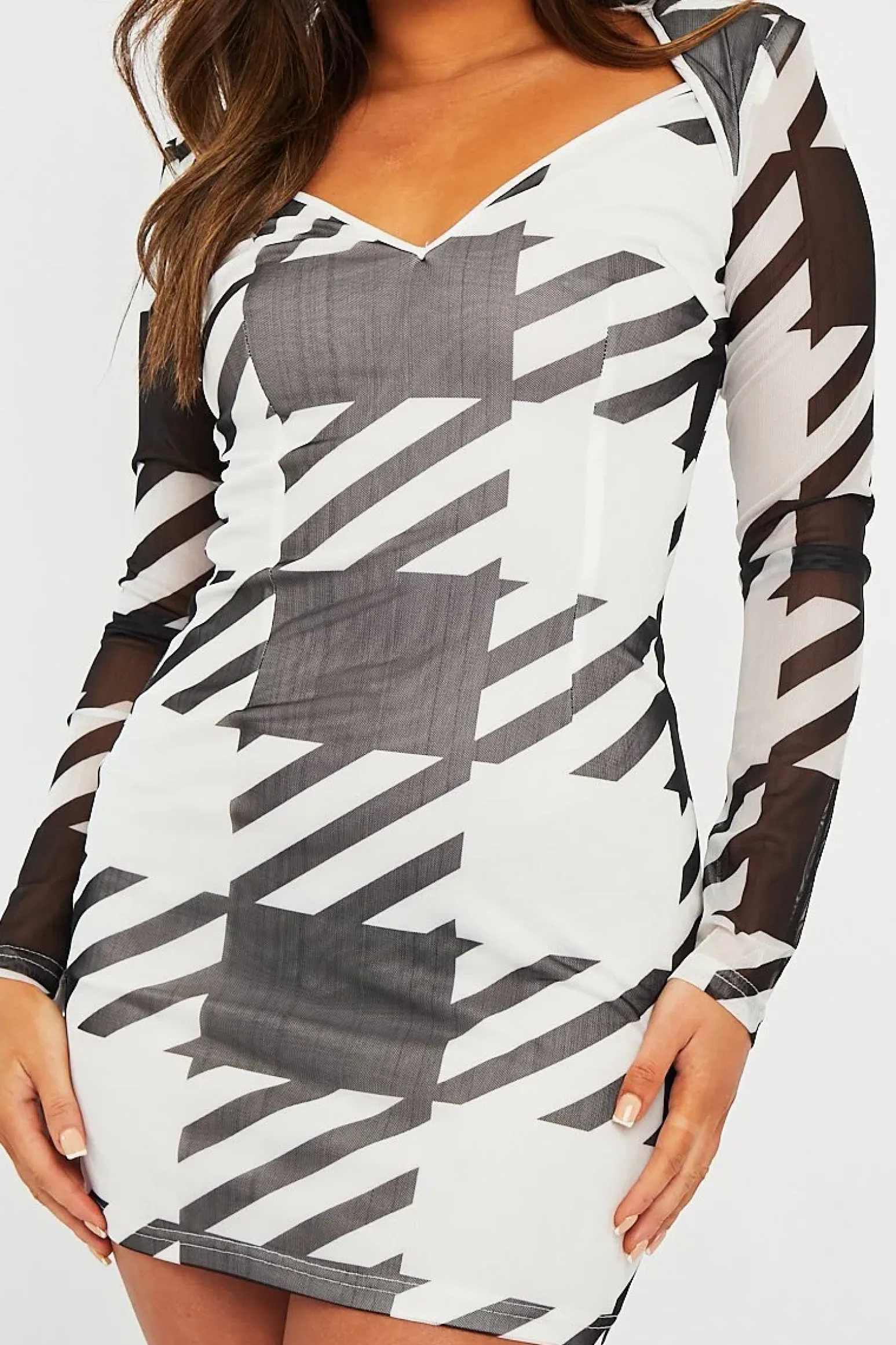 Rebellious Fashion Black White Houndstooth Mesh Bodycon Dress - Caela