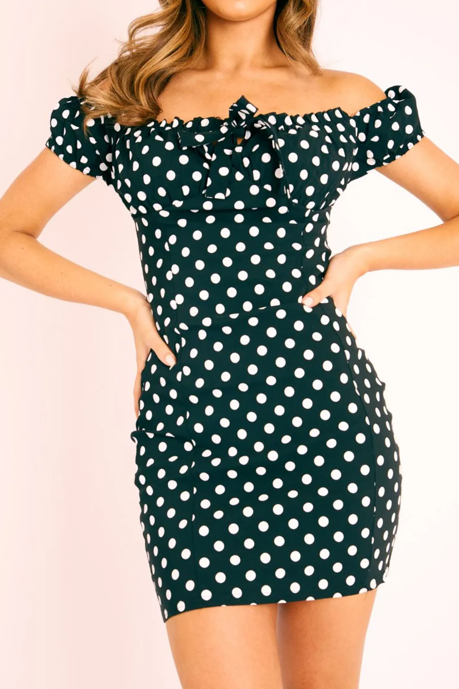 Rebellious Fashion Black White Polka Bardot Milkmaid Dress - Roya
