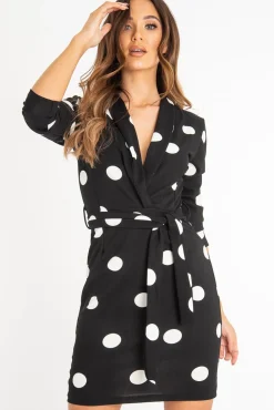 Rebellious Fashion Black White Polka Dot Wrap Front Midi Dress - Daisy