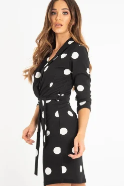 Rebellious Fashion Black White Polka Dot Wrap Front Midi Dress - Daisy