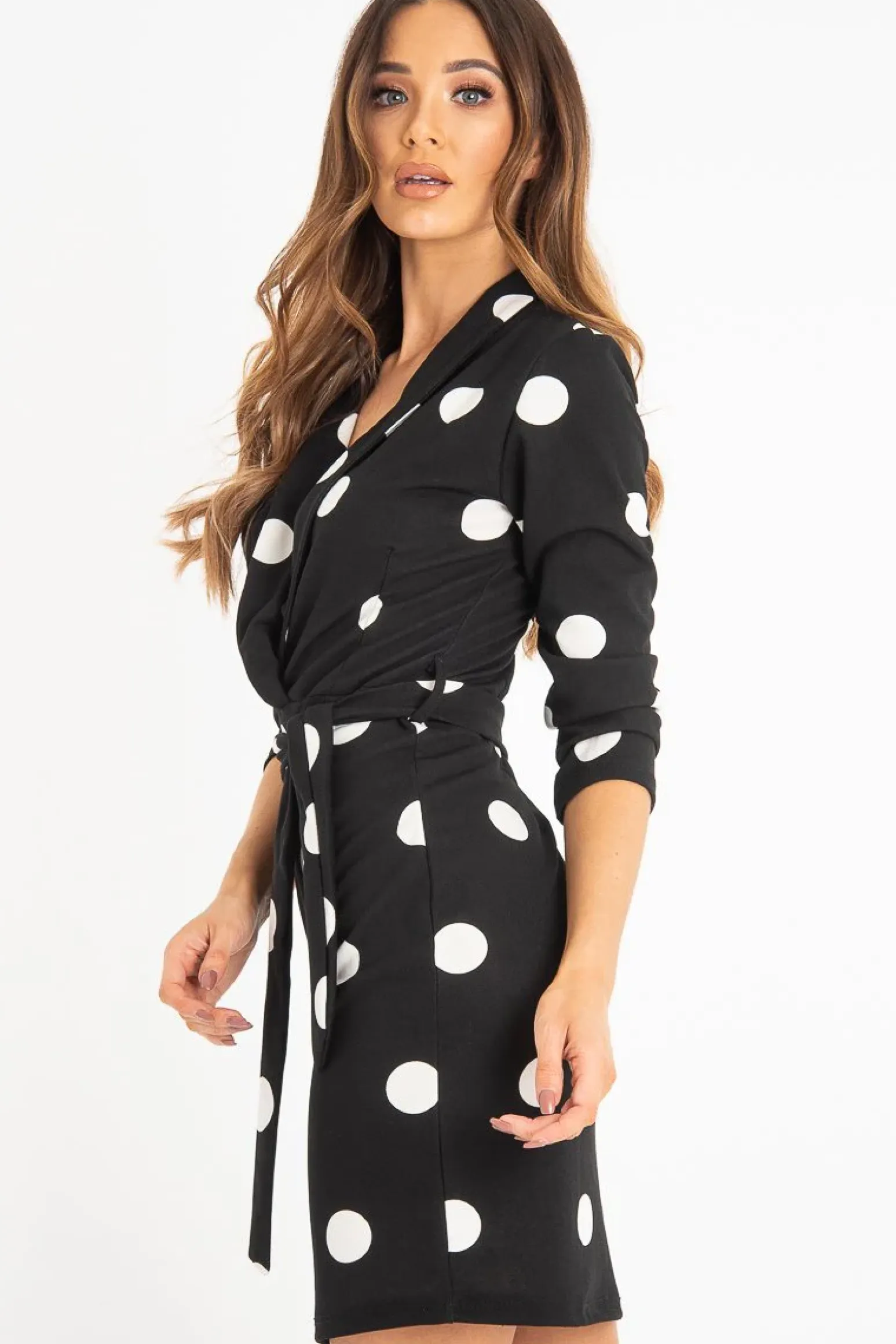 Rebellious Fashion Black White Polka Dot Wrap Front Midi Dress - Daisy