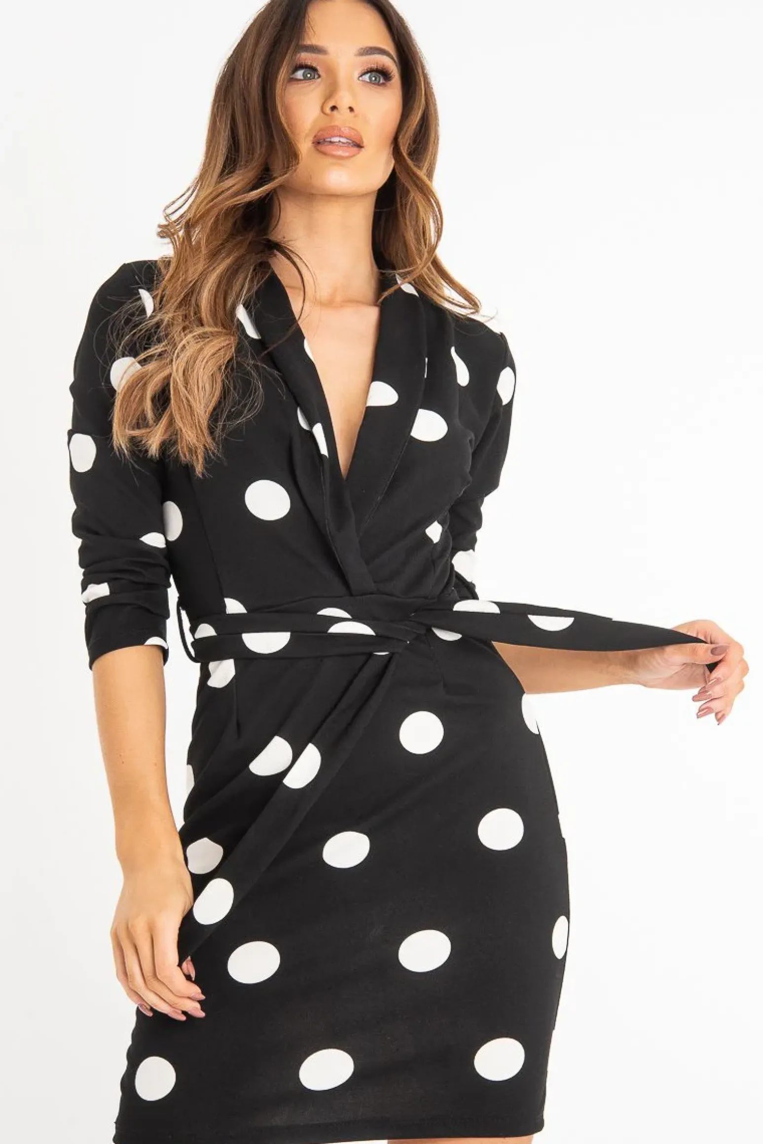 Rebellious Fashion Black White Polka Dot Wrap Front Midi Dress - Daisy