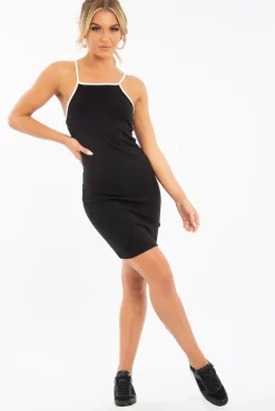 Rebellious Fashion Black White Square Neckline Ribbed Midi Dress - Sunday