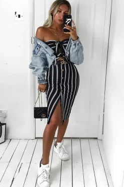 Rebellious Fashion Black White Stripe Bandeau Tie Front Midi Dress - Lodema