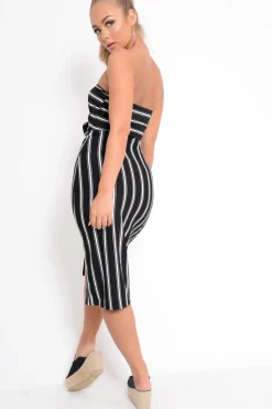 Rebellious Fashion Black White Stripe Bandeau Tie Front Midi Dress - Lodema