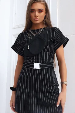 Rebellious Fashion Black White Stripe Belted T-shirt Dress - Madisen