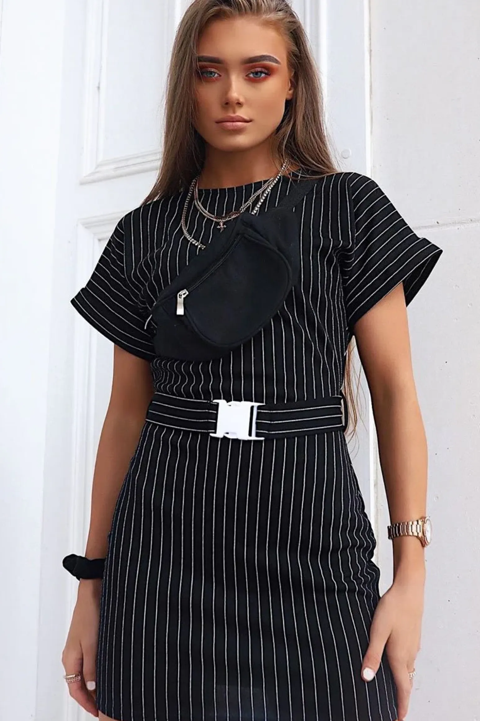 Rebellious Fashion Black White Stripe Belted T-shirt Dress - Madisen