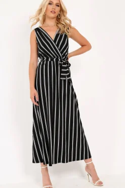 Rebellious Fashion Black White Stripe Plunge Wrap Maxi - Skyelin