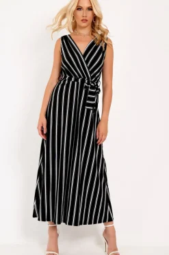 Rebellious Fashion Black White Stripe Plunge Wrap Maxi - Skyelin