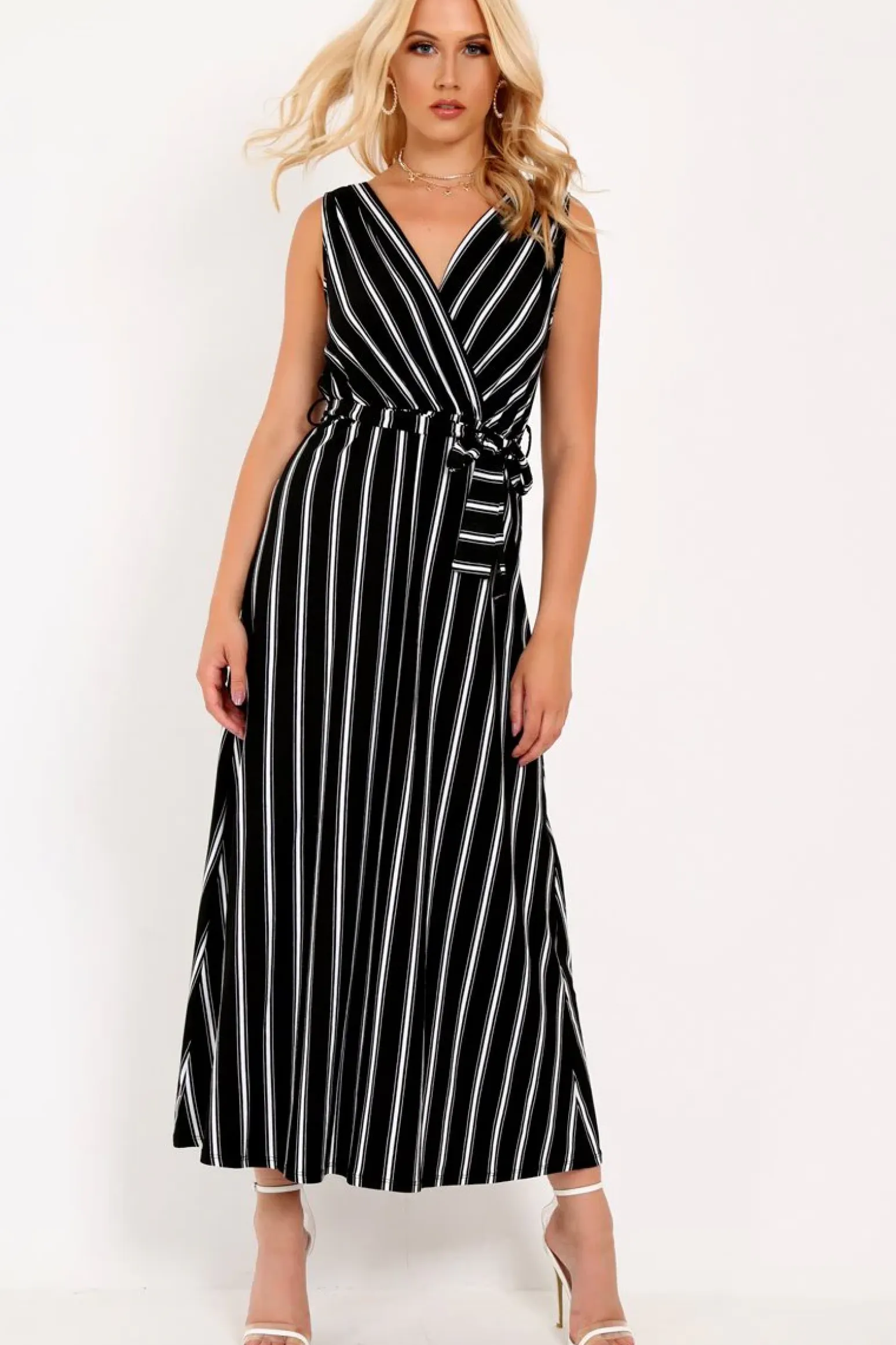 Rebellious Fashion Black White Stripe Plunge Wrap Maxi - Skyelin