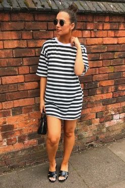 Rebellious Fashion Black White Striped Oversized T Shirt Dress - Lacie