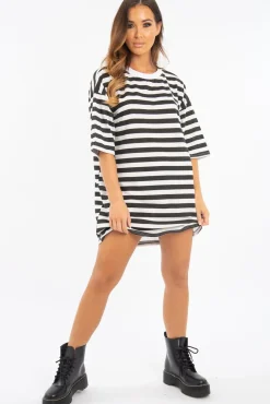 Rebellious Fashion Black White Striped Oversized T Shirt Dress - Lacie