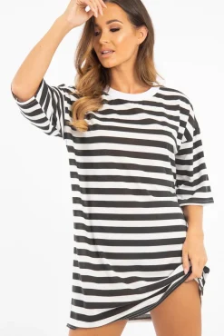 Rebellious Fashion Black White Striped Oversized T Shirt Dress - Lacie