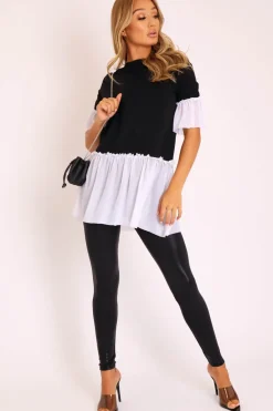 Rebellious Fashion Black White Tulle Ruffle Hem T-shirt Dress - Zula