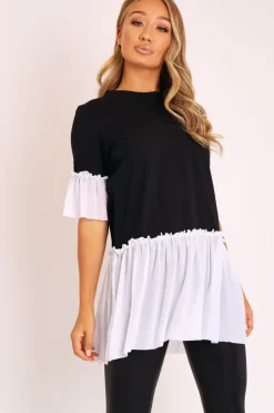 Rebellious Fashion Black White Tulle Ruffle Hem T-shirt Dress - Zula