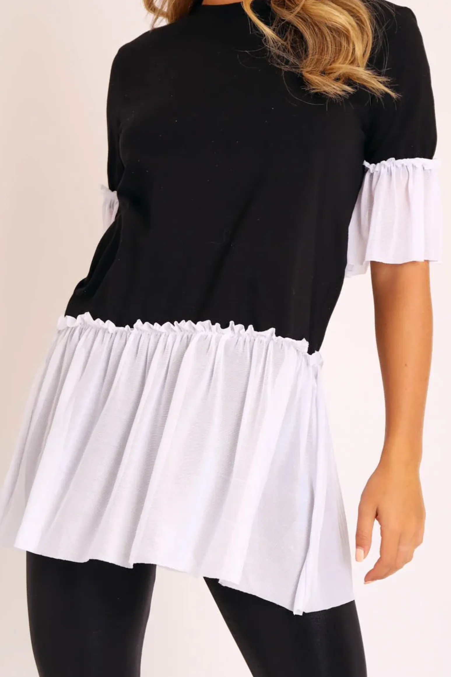 Rebellious Fashion Black White Tulle Ruffle Hem T-shirt Dress - Zula
