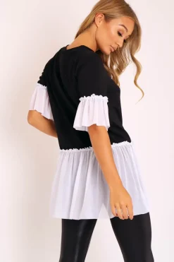 Rebellious Fashion Black White Tulle Ruffle Hem T-shirt Dress - Zula