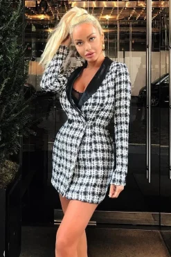 Rebellious Fashion Black White Tweed Button Blazer Dress - Sable