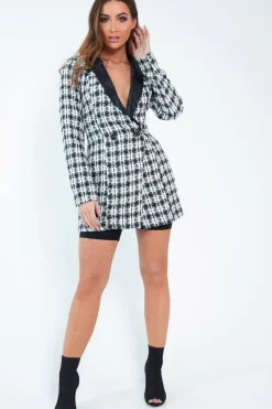 Rebellious Fashion Black White Tweed Button Blazer Dress - Sable