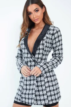Rebellious Fashion Black White Tweed Button Blazer Dress - Sable