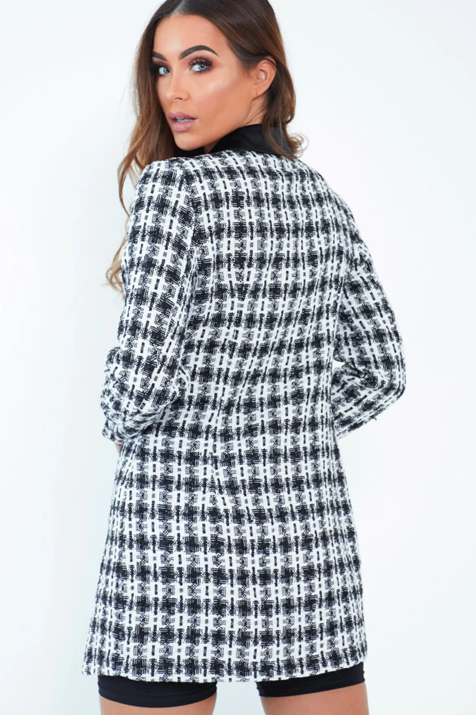 Rebellious Fashion Black White Tweed Button Blazer Dress - Sable