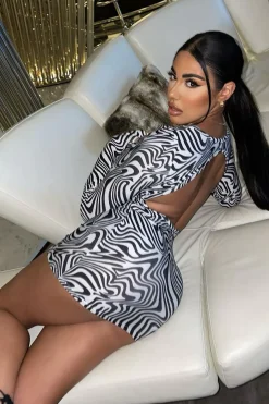 Rebellious Fashion Black White Wave Print Cut Out Back Mini Dress - Malia
