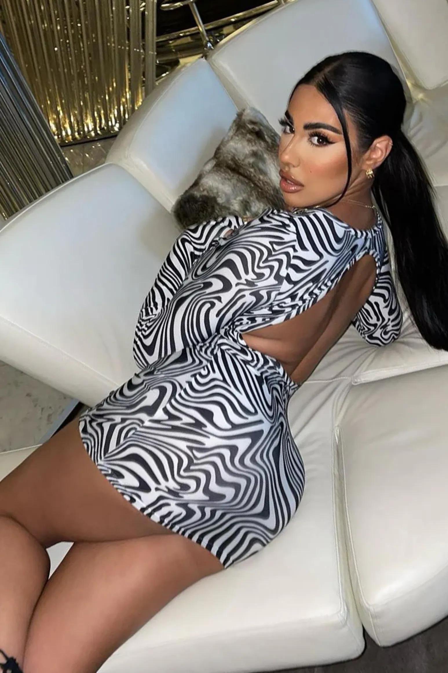 Rebellious Fashion Black White Wave Print Cut Out Back Mini Dress - Malia