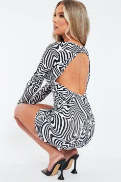 Rebellious Fashion Black White Wave Print Cut Out Back Mini Dress - Malia