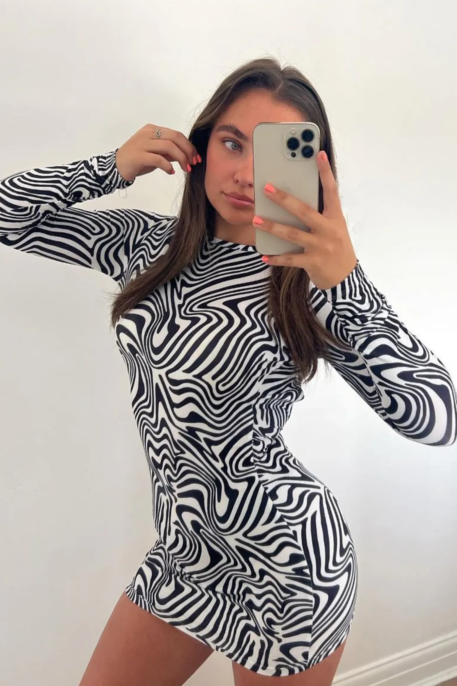 Rebellious Fashion Black White Wave Print Cut Out Back Mini Dress - Malia