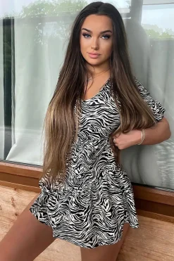 Rebellious Fashion Black White Zebra Print Frill Smock Dress - Ruth