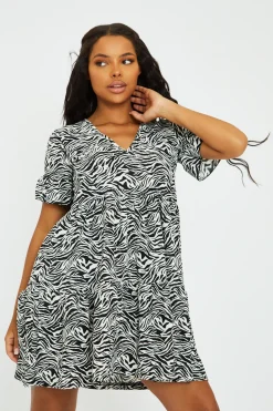 Rebellious Fashion Black White Zebra Print Frill Smock Dress - Ruth