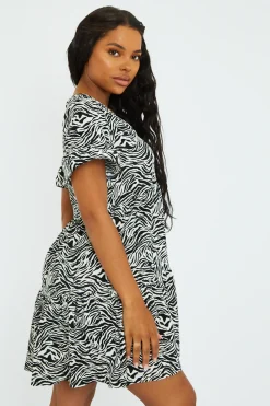 Rebellious Fashion Black White Zebra Print Frill Smock Dress - Ruth