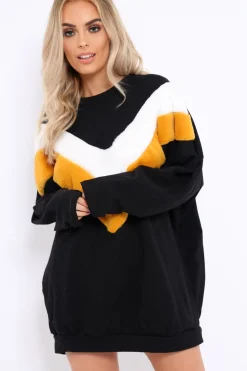 Rebellious Fashion Black with Mustard and White Chevron Fur Jumper Dress- Lula