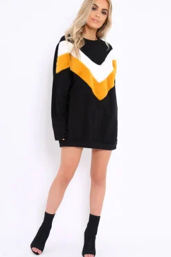 Rebellious Fashion Black with Mustard and White Chevron Fur Jumper Dress- Lula