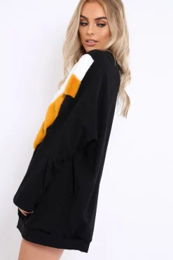 Rebellious Fashion Black with Mustard and White Chevron Fur Jumper Dress- Lula