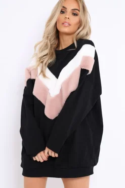 Rebellious Fashion Black with Rose and White Chevron Fur Jumper Dress- Lula