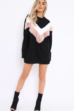 Rebellious Fashion Black with Rose and White Chevron Fur Jumper Dress- Lula