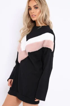 Rebellious Fashion Black with Rose and White Chevron Fur Jumper Dress- Lula