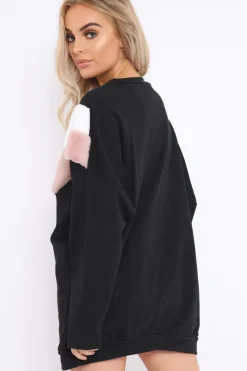 Rebellious Fashion Black with Rose and White Chevron Fur Jumper Dress- Lula