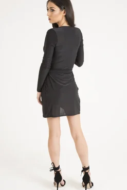 Rebellious Fashion Black Wrap Around Belted Slinky Dress - Cassie