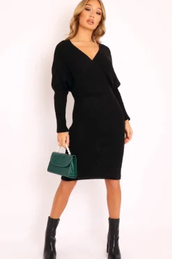 Rebellious Fashion Black Wrap Front Knit Midi Dress - Edan
